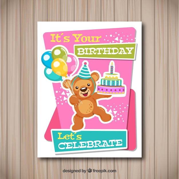 Vecteur gratuit carte de joyeux anniversaire avec ours en peluche dans un style plat