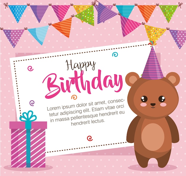 Carte De Joyeux Anniversaire Avec Ourson Vecteur Premium