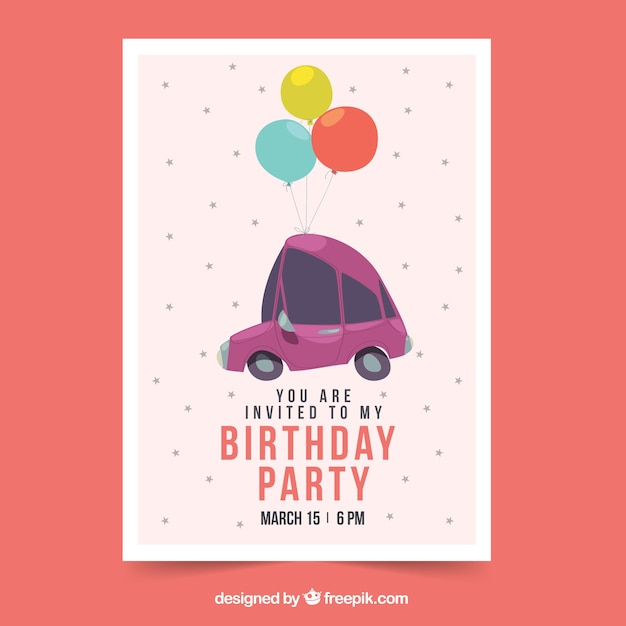 Vecteur gratuit carte de joyeux anniversaire avec voiture et ballons dans un style plat