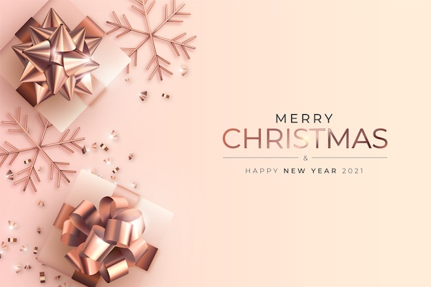 Vecteur gratuit carte de joyeux noël et nouvel an avec des cadeaux réalistes en rose dorée