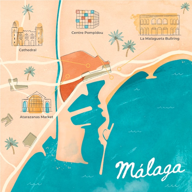 Vecteur gratuit carte de malaga peinte à l'aquarelle