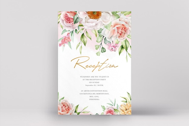 Vecteur gratuit carte de mariage aquarelle avec des roses et des pivoines élégantes