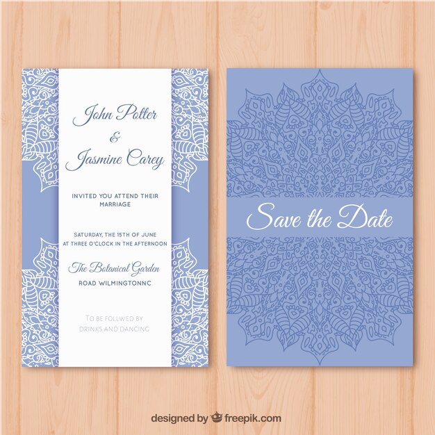 Carte De Mariage Bleue Et Blanche Avec Motif Mandala