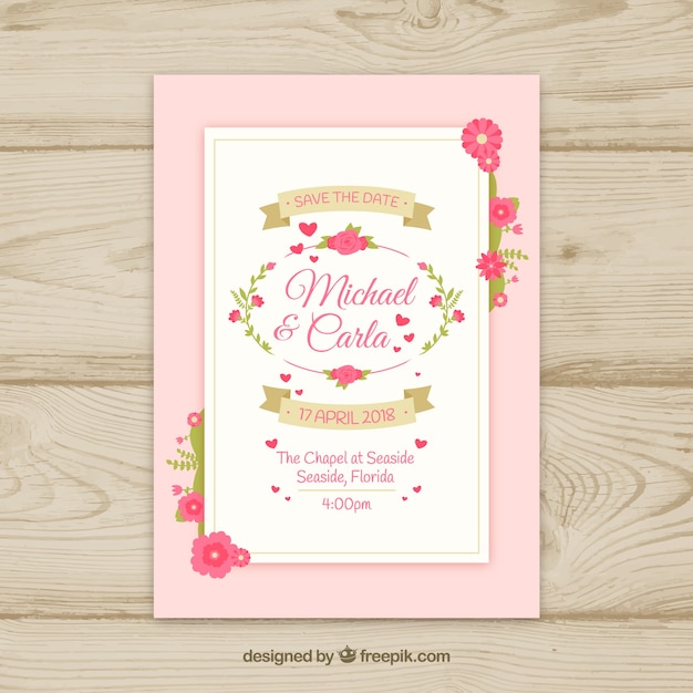 Vecteur gratuit carte de mariage floral avec design plat