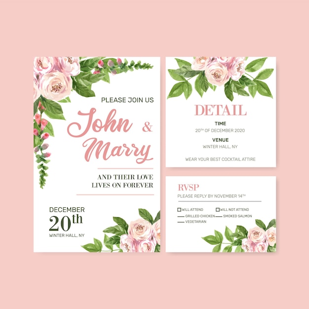 Carte De Mariage Jardin De Fleurs Avec Escalade Illustration Aquarelle Rose.