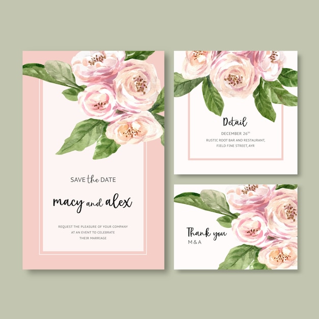 Vecteur gratuit carte de mariage jardin de fleurs avec escalade illustration aquarelle rose.