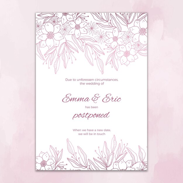 Carte de mariage reportée avec des fleurs