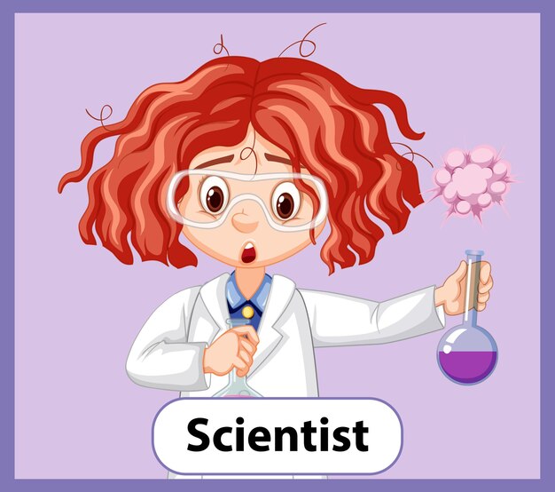 Carte de mot anglais éducatif de fille scientifique aux cheveux en désordre