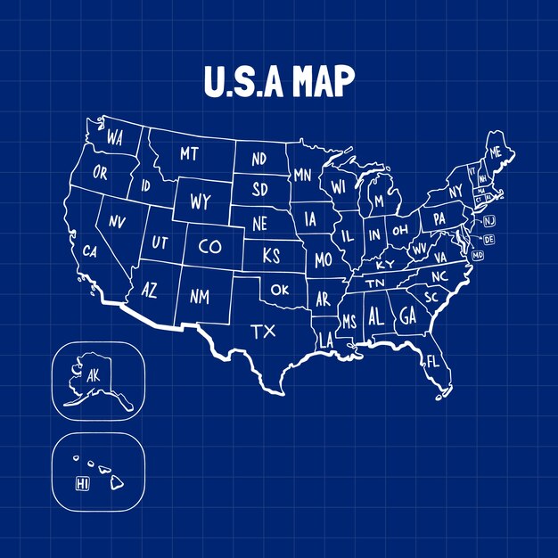 Carte muette des États-Unis dessinée à la main