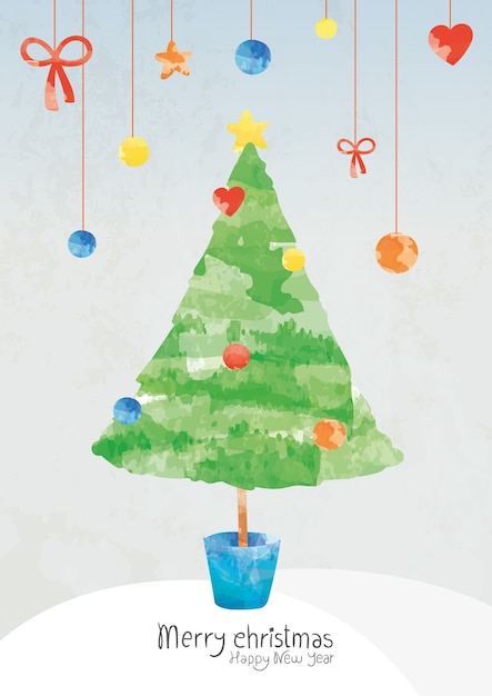 Vecteur gratuit carte de noël cmjn avec arbre d'aquarelle