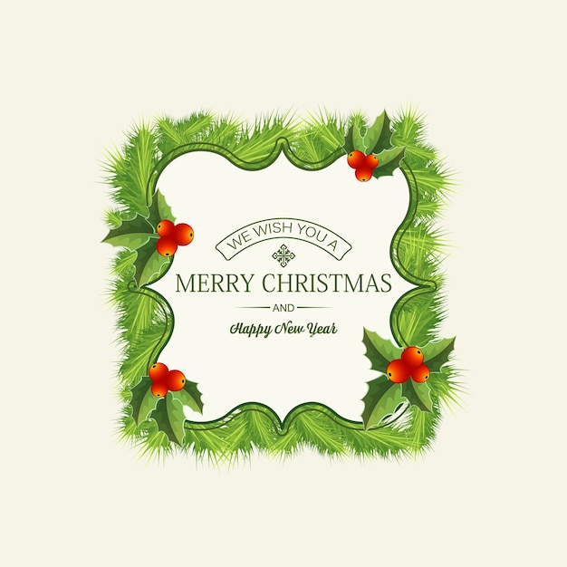 Carte De Noël Légère Avec Texte Festif Dans Des Branches De Sapin Cadre élégant Et Baies De Houx