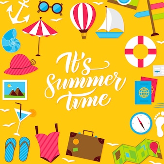 Carte postale de lettrage d'été. illustration vectorielle de l'affiche de voyage en mer de style plat.