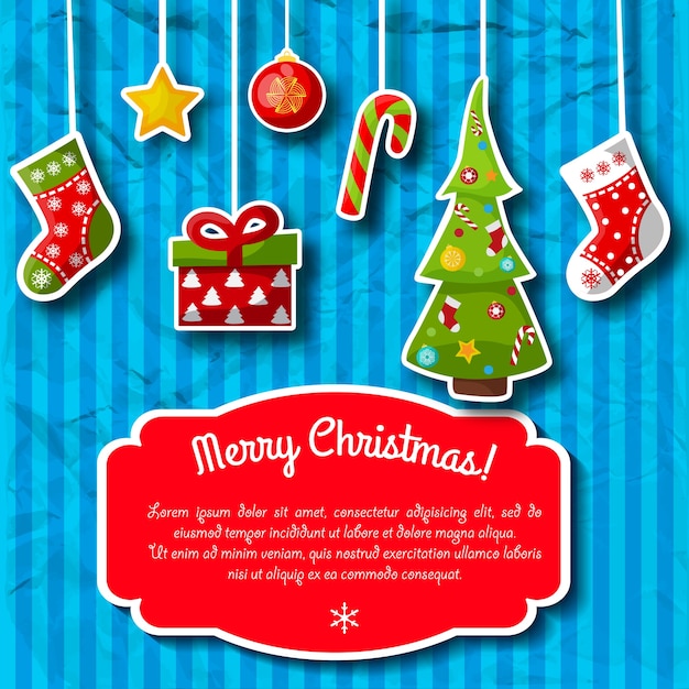 Carte postale rayée bleue avec décorations de Noël et champ de texte rouge