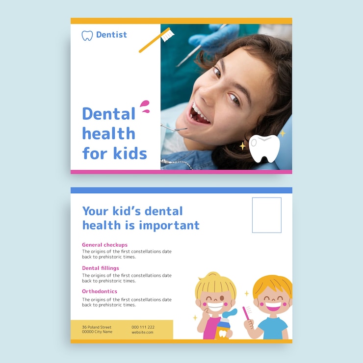 Vecteur gratuit carte postale de soins dentaires pour enfants dessinés à la main