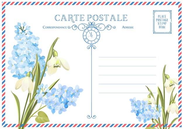 Carte postale avec des timbres postaux et des fleurs. Illustration vectorielle.