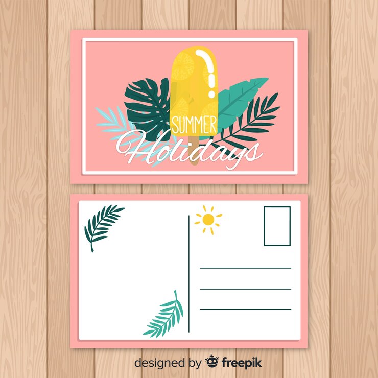 Vecteur gratuit carte postale de vacances d&#39;été dessiné à la main