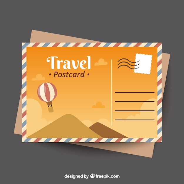 Vecteur gratuit carte postale de voyage avec des dunes et ballon dans un style dessiné à la main