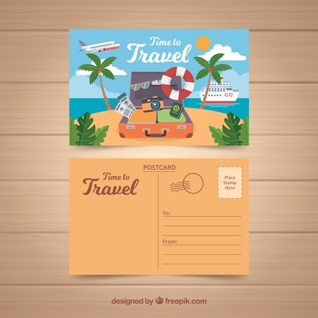 Vecteur gratuit carte postale de voyage d'été avec un design plat