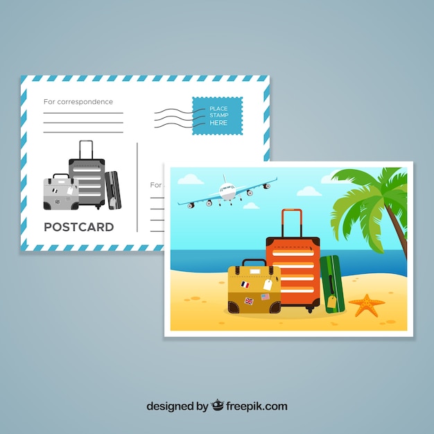Vecteur gratuit carte postale de voyage avec plage et bagage