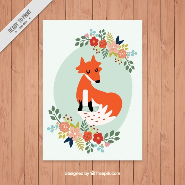 Vecteur gratuit carte de renard mignon avec détails floraux