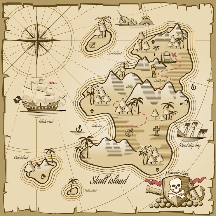 Vecteur gratuit carte vectorielle de l'île au trésor dans un style dessiné à la main. aventure en mer, navigation océanique, parchemin de plan et de chemin, illustration de monstre et de poitrine