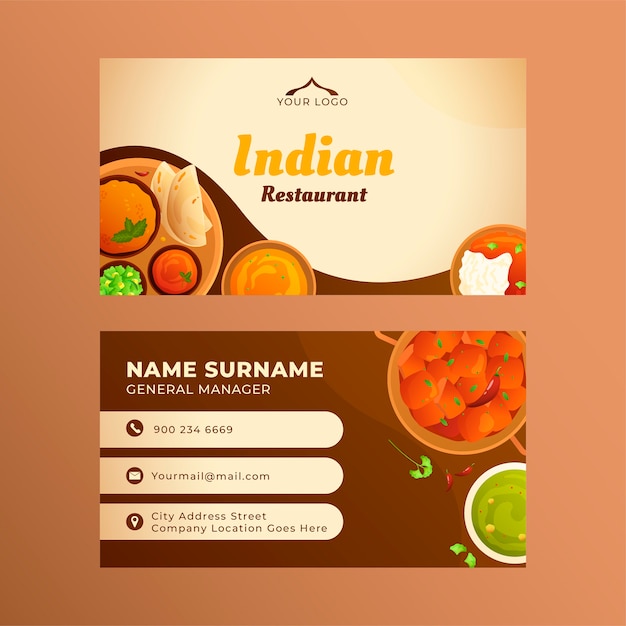 Vecteur gratuit carte de visite horizontale de restaurant indien dégradé