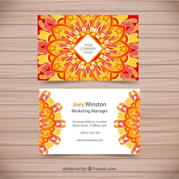 Vecteur gratuit carte de visite avec mandala orange et jaune
