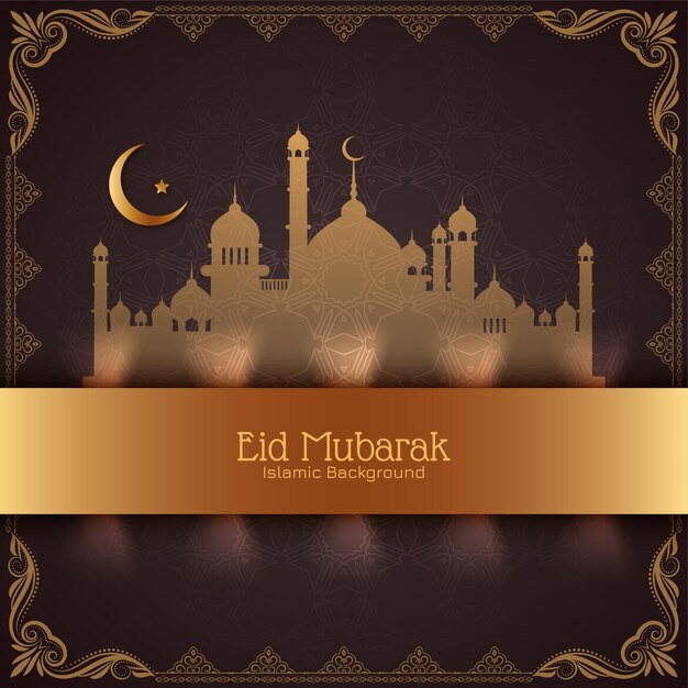 Carte de voeux Eid Mubarak avec mosquée et croissant de lune