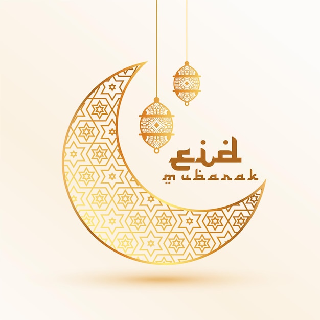 Vecteur gratuit carte de voeux eidulfitr de style arabe avec lune dorée et lanterne