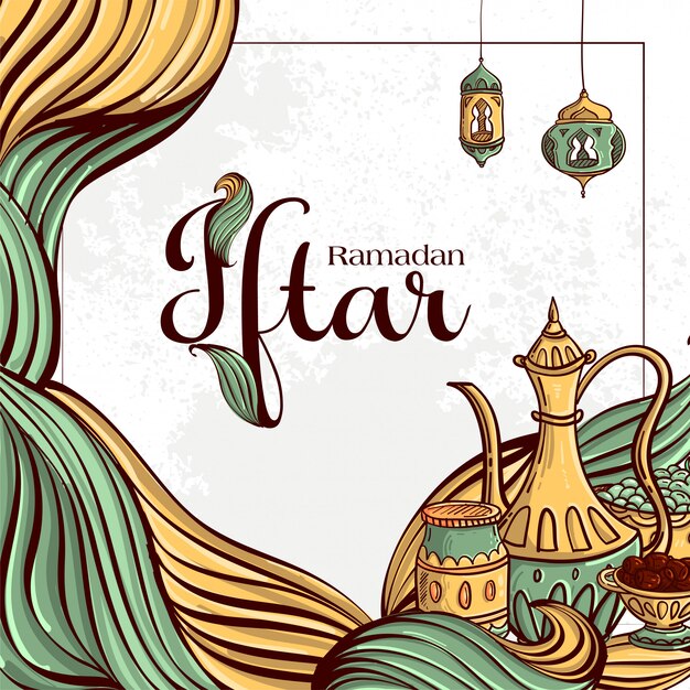 Carte de voeux de fête du Ramadan Iftar avec dates dessinées à la main et nourriture islamique sur fond grunge blanc.