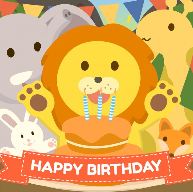 Carte De Voeux Gateau D Anniversaire Mignon Zoo Avec Theme Animaux Lion Renard Elephant Girrafe Vecteur Premium