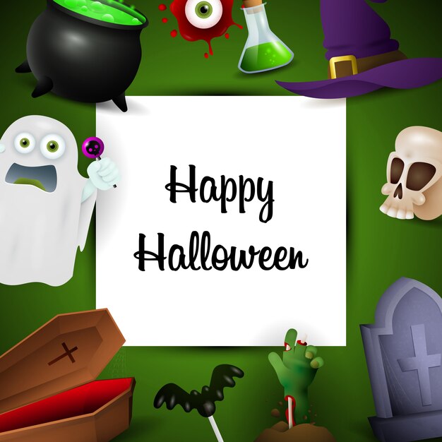 Carte de voeux Happy Halloween avec symboles de vacances