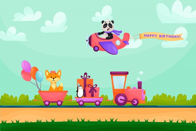Carte D Anniversaire Avec Des Animaux Dans Les Wagons Vecteur Gratuite