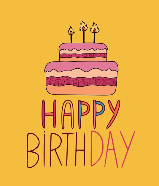Carte De Voeux De Joyeux Anniversaire Avec Gateau Illustre Sur Fond Jaune Vecteur Premium