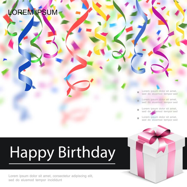 Vecteur gratuit carte de voeux de joyeux anniversaire réaliste avec des rubans et des confettis colorés de boîte présente