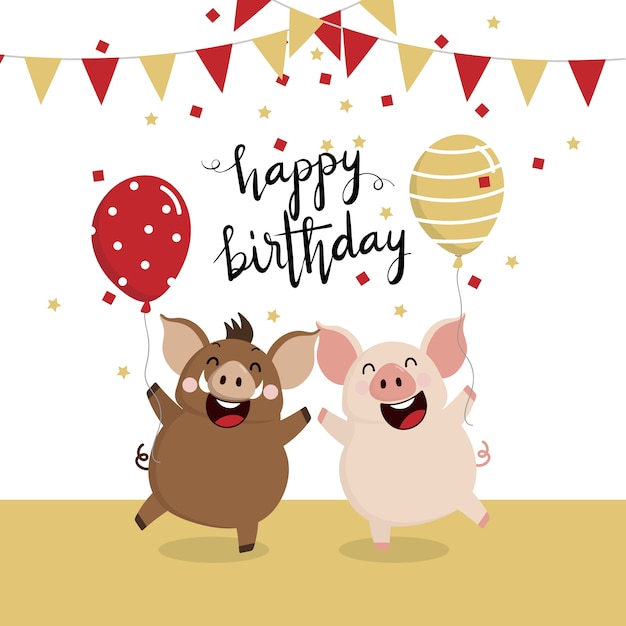 Carte De Voeux Joyeux Anniversaire Avec Sanglier Et Cochon Vecteur Premium