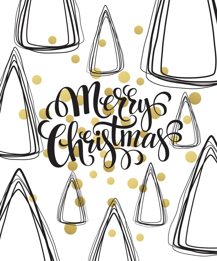 Vecteur gratuit carte de voeux de noël avec lettrage dessiné à la main. couleurs dorées, noires et blanches. élément de design tendance pour les décorations et les affiches de noël. illustration vectorielle eps10