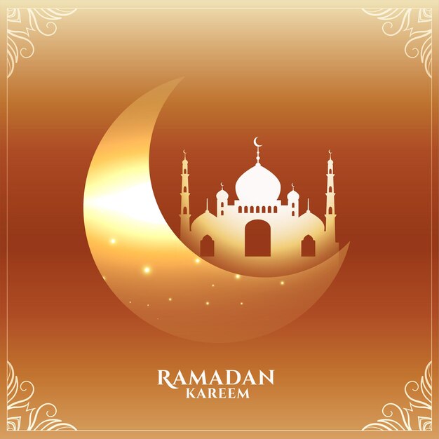 Carte de voeux ramadan kareem lune brillante et mosquée