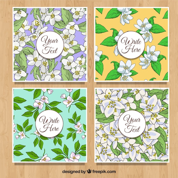 Cartes Colorées Avec Des Fleurs Jasmin Dessinées à La Main