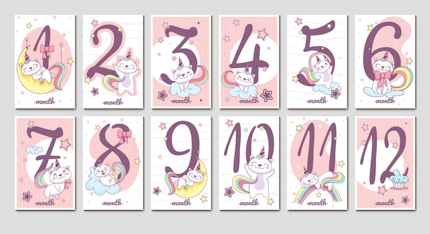 Vecteur gratuit cartes d'étape mensuelles pour bébé plat avec des chats et des numéros de licorne