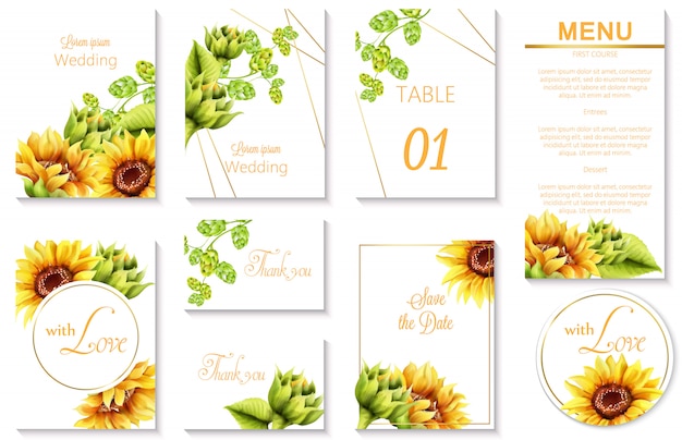 Cartes d'invitation d'événement de mariage de printemps aquarelle avec artichaut vert et tournesol
