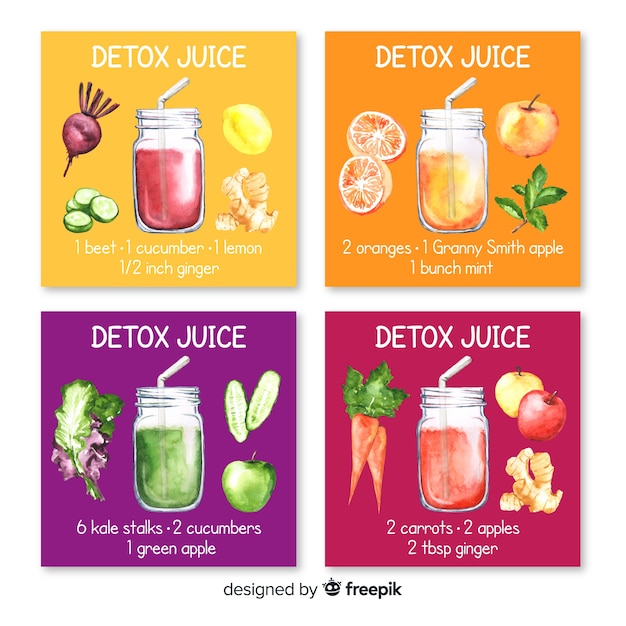 Vecteur gratuit cartes de jus de fruits aquarelle detox