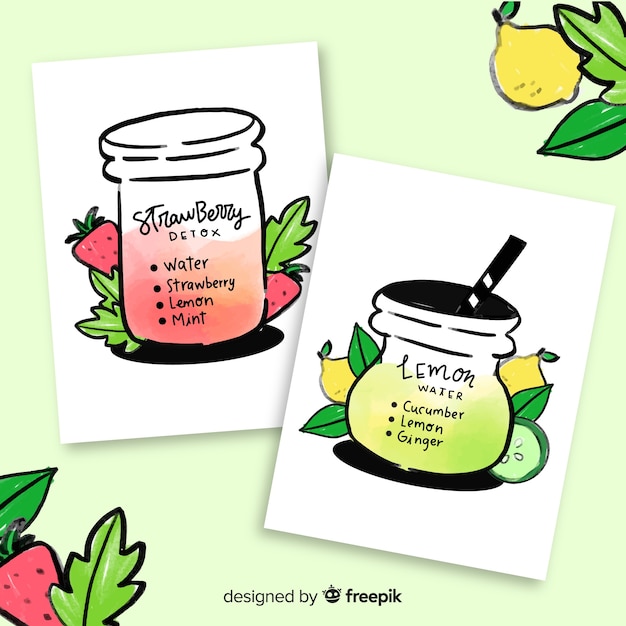 Vecteur gratuit cartes de jus de fruits aquarelle detox