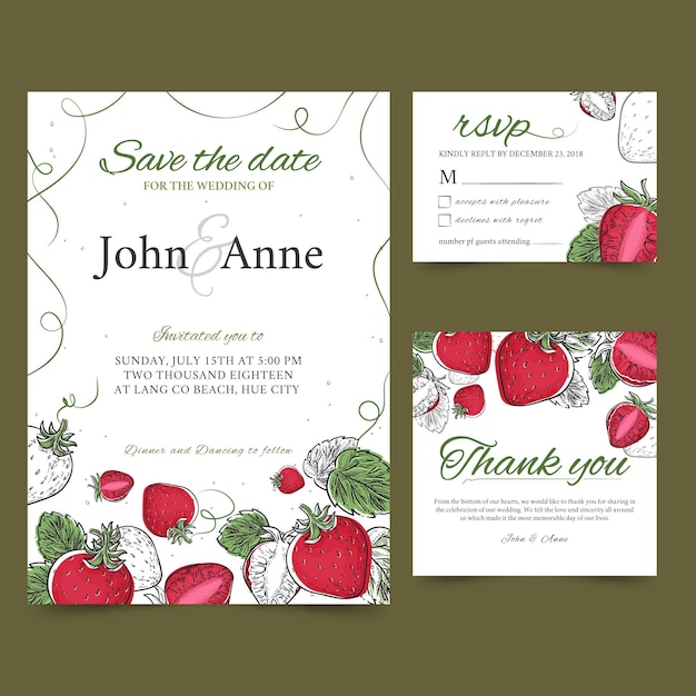 Vecteur gratuit cartes de mariage aux fraises