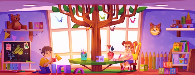 Vecteur gratuit cartoon en classe pour enfants de la maternelle ou de l'âge préscolaire