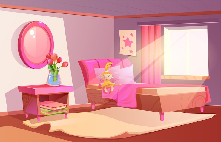 Vecteur gratuit cartoon vectoriel de l'intérieur de la chambre à coucher de la fille de la maison rose