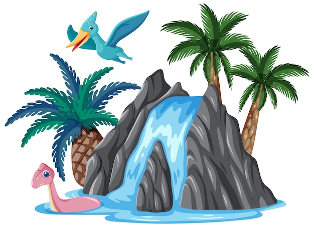 Cascade avec dinosaure en style cartoon