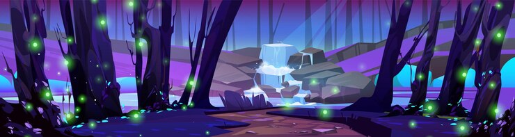 Vecteur gratuit cascade de nuit dans le paysage vectoriel de dessin animé de la forêt magique débit d'eau en cascade enchantée près de l'arbre et de la lueur des lucioles chemin vers le lac au-dessus du clair de lune dans le parc emplacement de l'environnement naturel fantastique sans personne