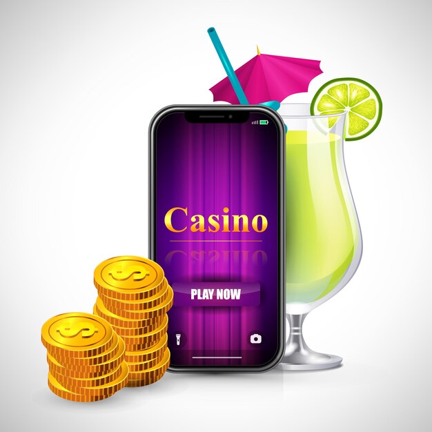 Le casino joue maintenant le lettrage sur l&#39;écran de smartphone, les piles de pièces de monnaie et le cocktail