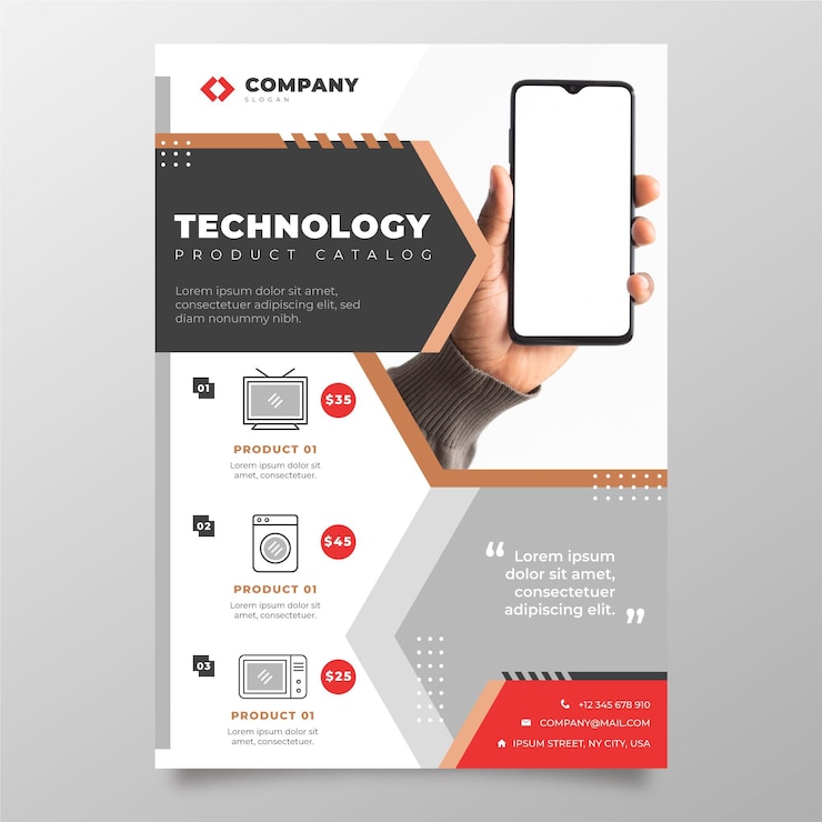 Vecteur gratuit catalogue de produits de technologie plate avec photo
